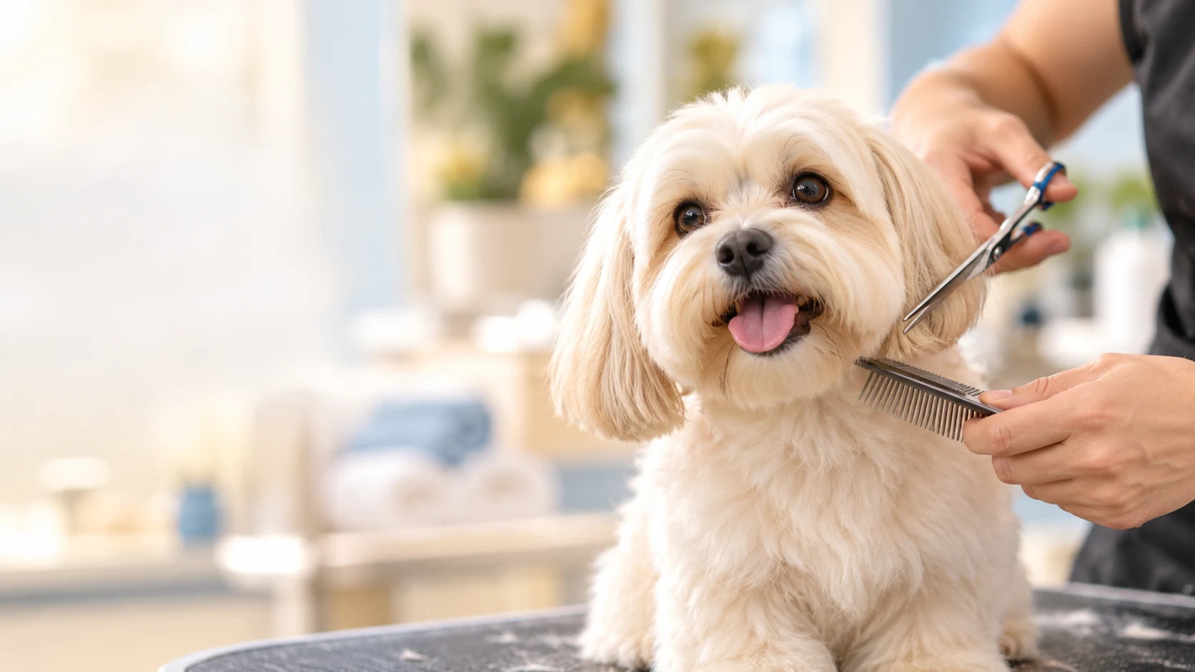 A white dog being groomed at a pet salon