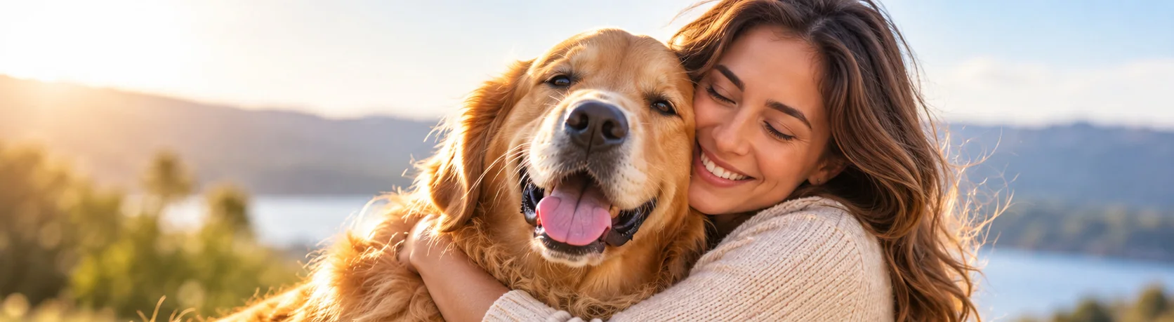 A smiling woman lovingly hugs her Golden Retriever outdoors