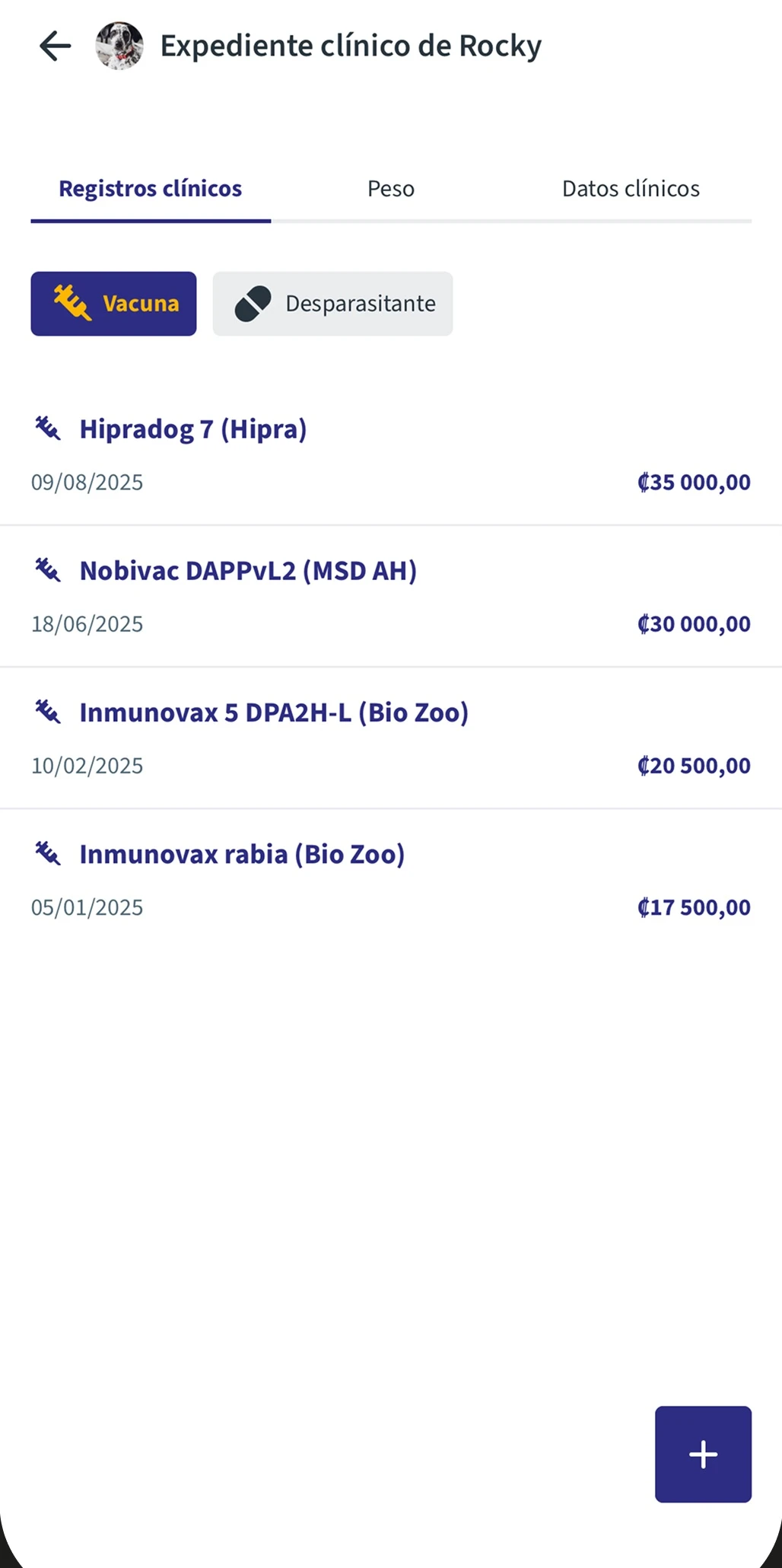 Real screen of the Amifiel app showing the clinical record and vaccine entries